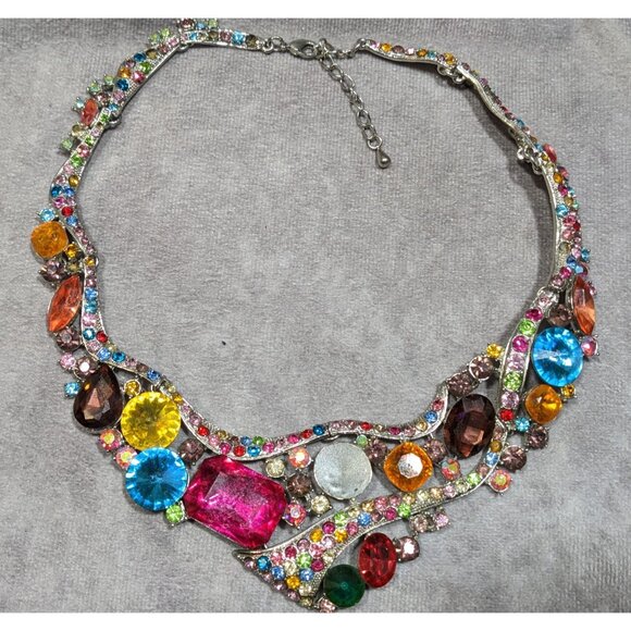 Whimsical Glamorous Rainbow Gemmed Collar Necklace - Picture 8 of 8